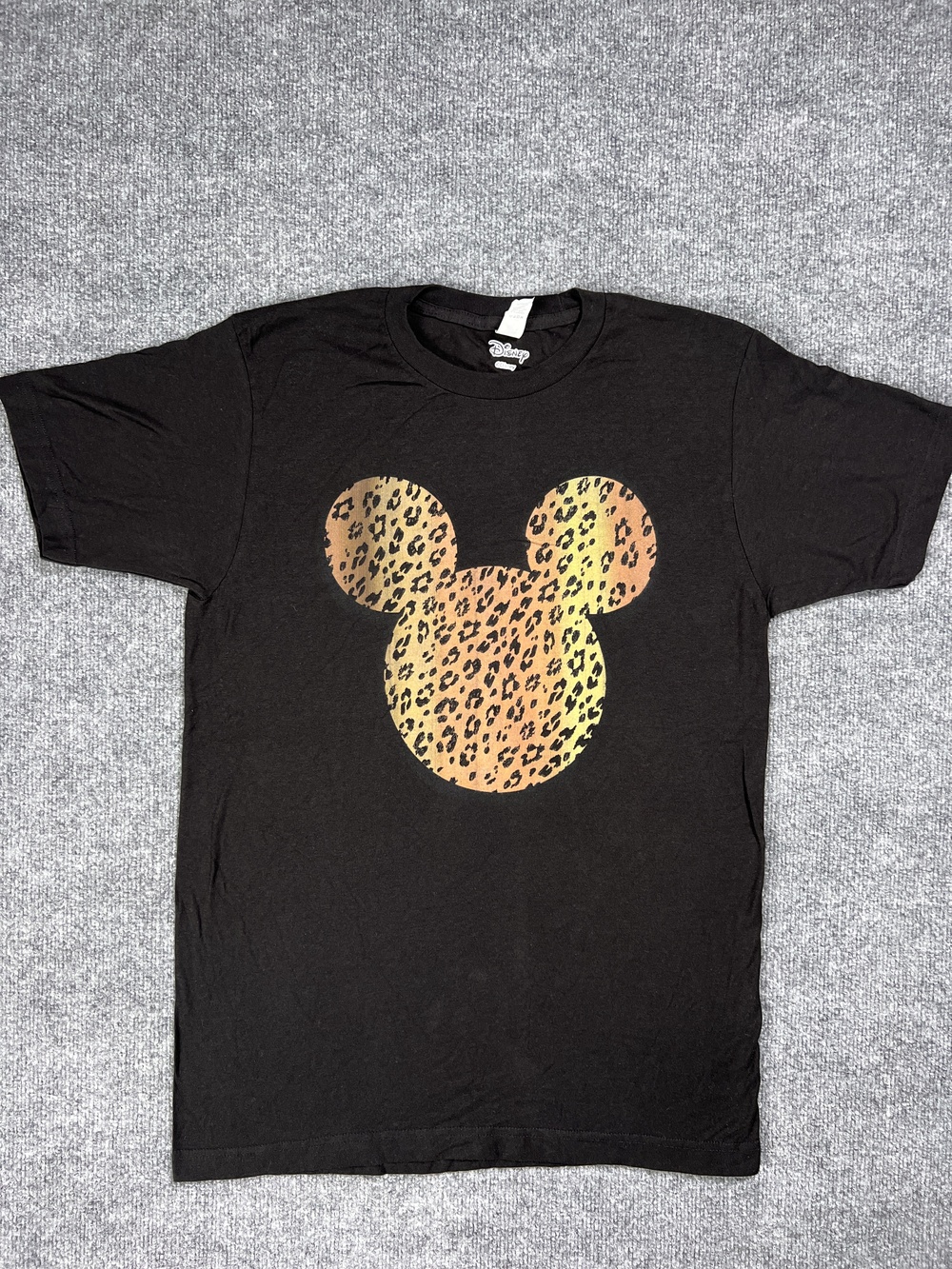 Disney T Shirt Black Mickey Mouse Leopard Print 100 Percent Cotton Womens Medium